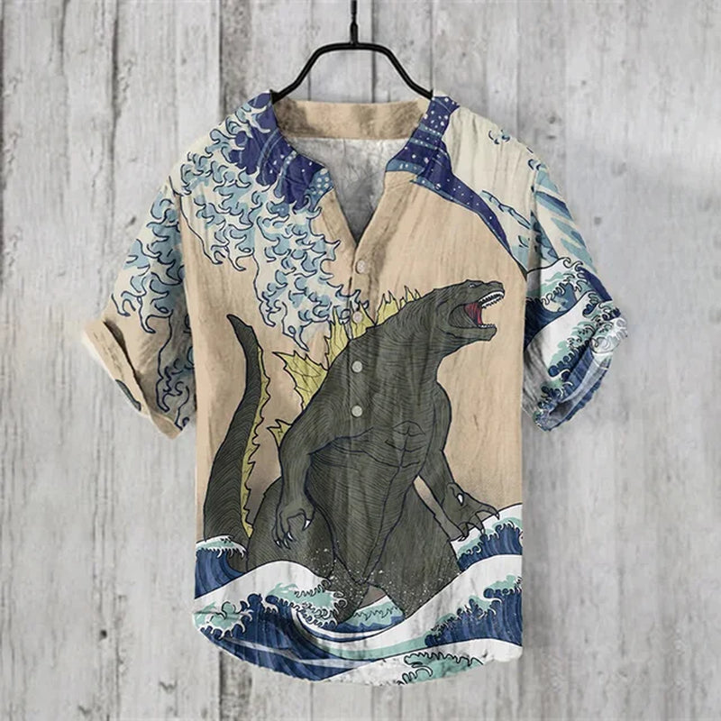 Men'S Retro Hawaiian Art Print Wave Series 3D Digital Printing Casual Loose Short Sleeve Three-Breasted Shirt Linen 100%-Gennys fashion