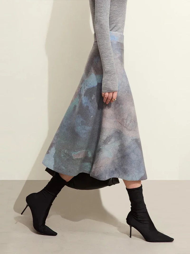 Minimalist 2023 Women'S Skirts Winter New Chinese Style Ink Printed Elastic Waist Wool Female A-Line Knitted Skirt 12354065-Gennys fashion
