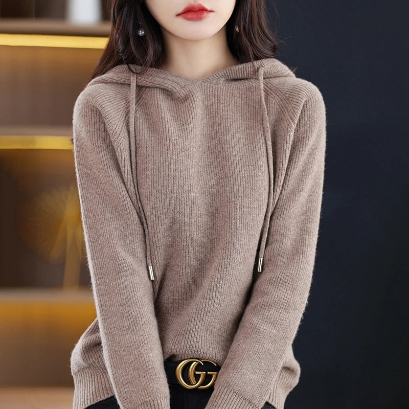 2023 New Cashmere Hooded Sweater Women Long Sleeve Autumn and Winter Knit Hooded Pullover Solid Color Cashmere Base-Gennys fashion