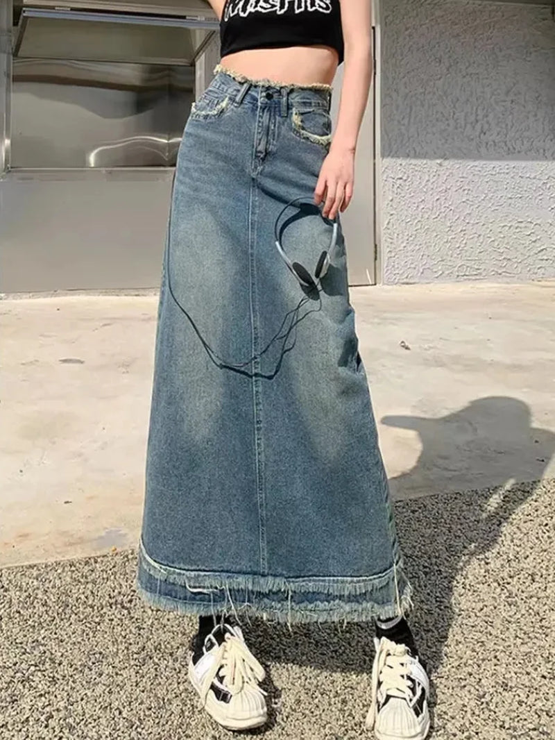 Retro High Waisted Denim Skirt Women'S Spring Mid Length Solid Color Casual A-Line Skirt 2024 New Tassel Design Slim Fit Skirt-Gennys fashion
