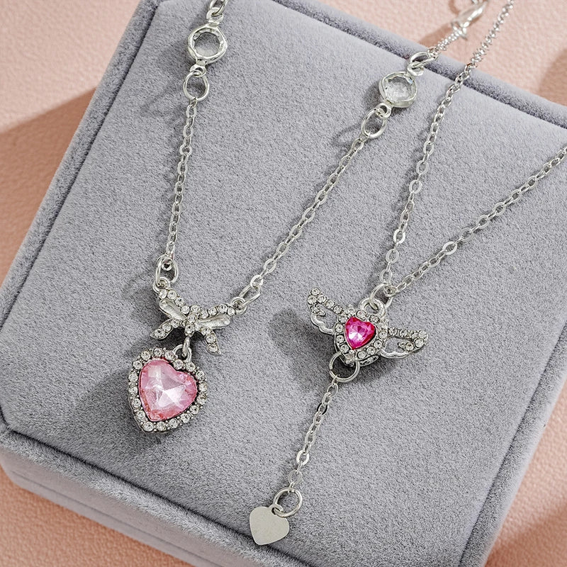 Crystal Angel Wings Heart Pendant Necklaces Set Ladies Girl Simple Y2K Pink White Zircon Love Elegant Necklace Women Jewelry Set-Gennys fashion