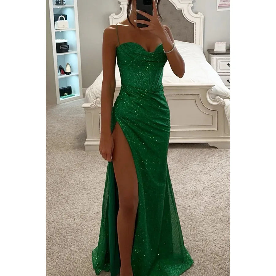 Women Evening Party Dress Floor Length Shiny Spaghetti Maxi Dress off Shoulder Sleeveless High Slit Draped Bodycon Prom Dress-Gennys fashion