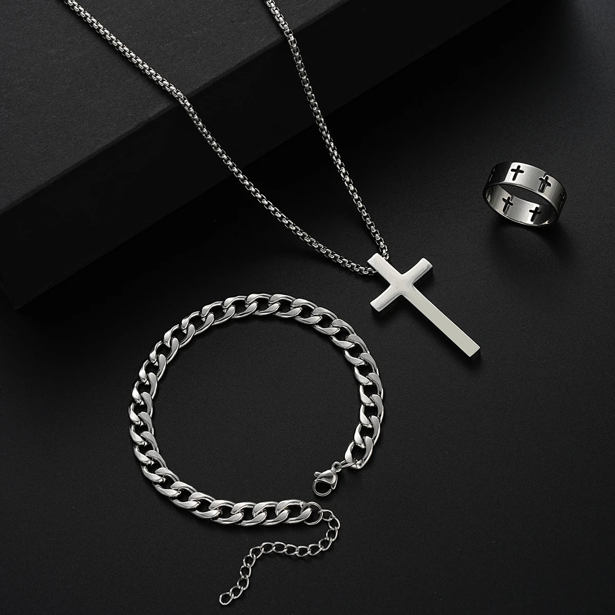 3 Pcs Stainless Steel Bracelet Necklace Ring for Men Women Retro Simple and Personalized Punk Hip Hop Jewelry Set Fashion Gifts-Gennys fashion
