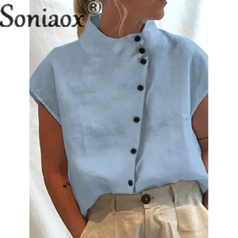 Elegant Cotton Linen Stand Neck Shirt Female 2023 Summer Simple Style Single-Breasted Cardigan Tops Women'S Casual Loose Blouse-Gennys fashion