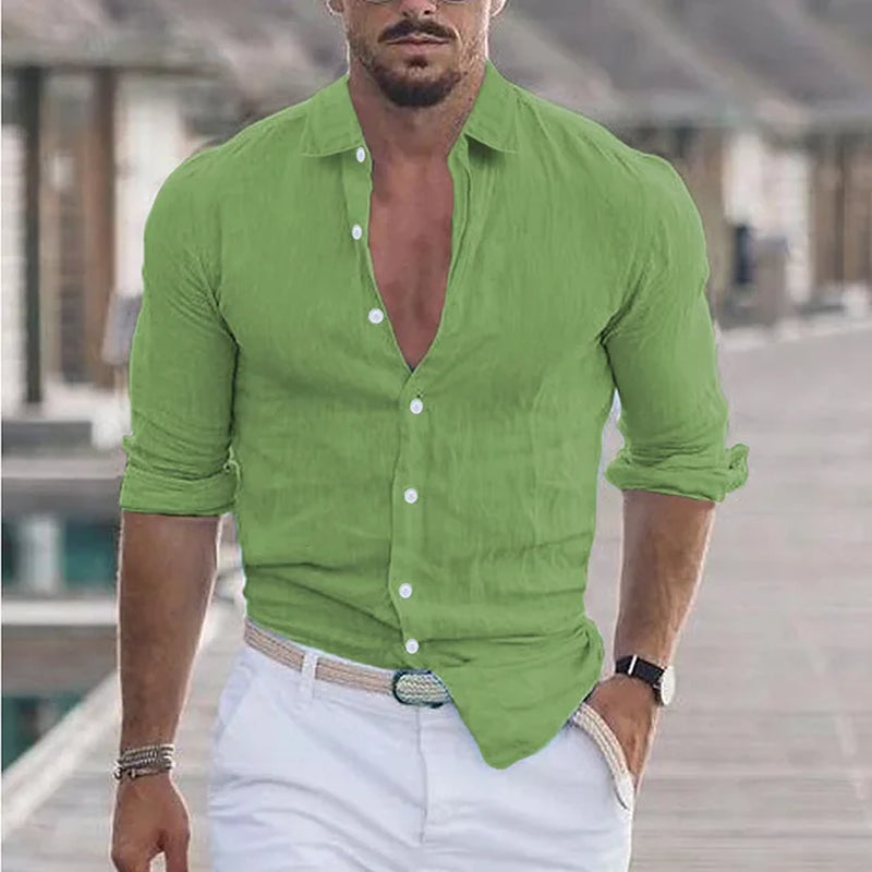 Men'S Summer Cotton and Linen Loose Lapel Beach Shirt Casual Lazy Long Sleeve Solid Color Hawaiian Campfire Holiday Wear-Gennys fashion