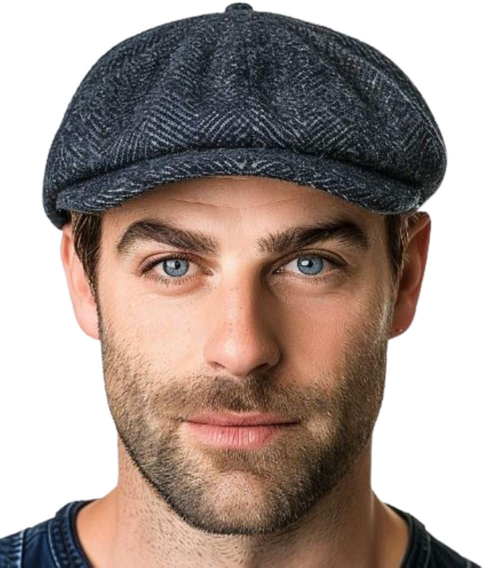 Navy Blue Herringbone Newsboy Cap Men'S Baker Boy Hat Style 8 Panel Scally Lined Wool Blend