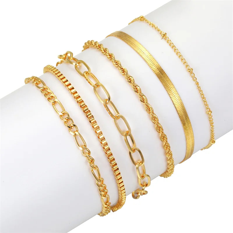 6Pcs Gold Color Bracelet Set Boho Retro Thick Twist Cuban Chain Bracelet for Women 2023 Trendy Quality Jewelry Gifts-Gennys fashion