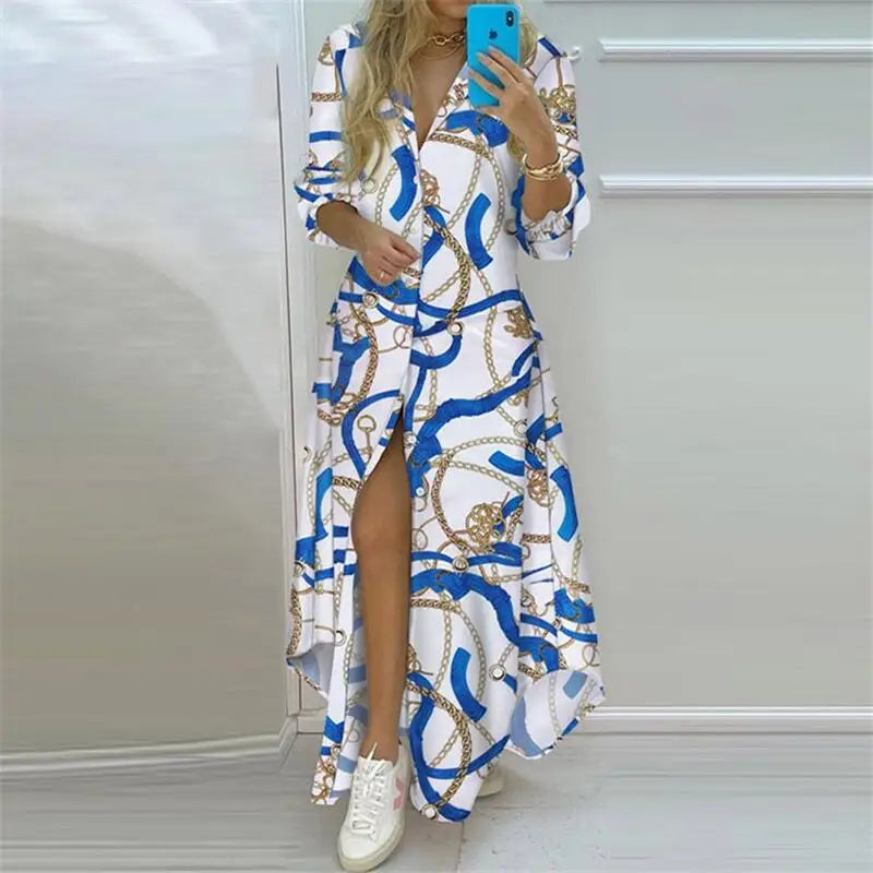 2024 Summer Women Boho Printed Long Shirts Elegant Dress Turn-Down Collar Long Sleeve Female Casual Evening Maxi Dresses Party D-Gennys fashion