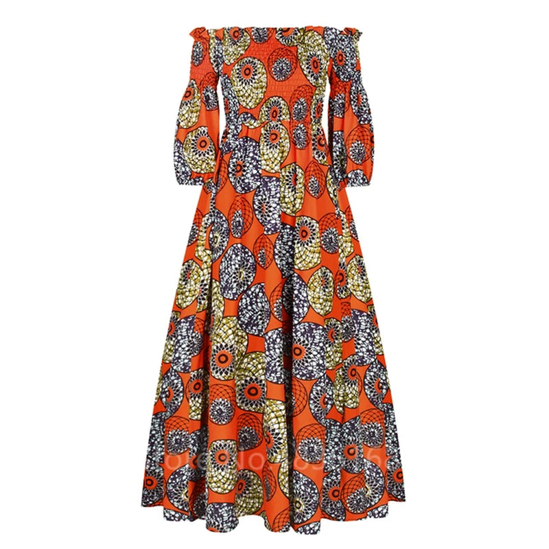 African National Print Party Dress Women Casual Sexy Slash-Neck Lady Maxi Dress New Vintage Long-Sleeved Loose Elegant Dresses-Gennys fashion