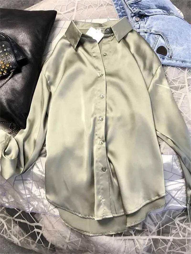 SATIN Long Sleeve Blouse Button up Shirt Women Female Elegant Ladies Tops High Quality Office Lady Silk-Gennys fashion