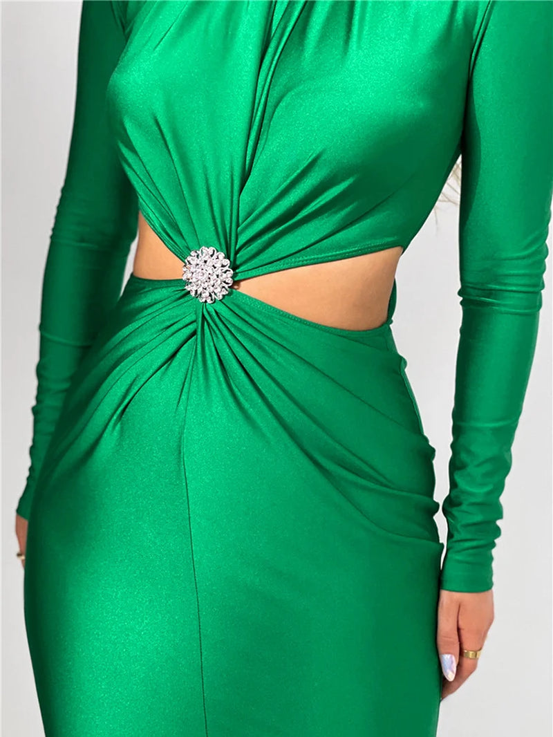 Elegant Hollow Out Sexy Maxi Dress for Women Autumn Winter New Turtleneck Long Sleeve Bodycon Club Party Evening Dress-Gennys fashion