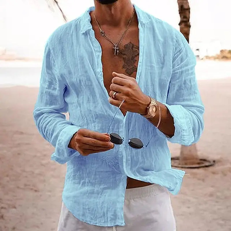 2024 Men'S Cotton Fashion Long Sleeve Shirt Lapel Solid Color Single Breasted Casual Breathable Loose Shirt-Gennys fashion
