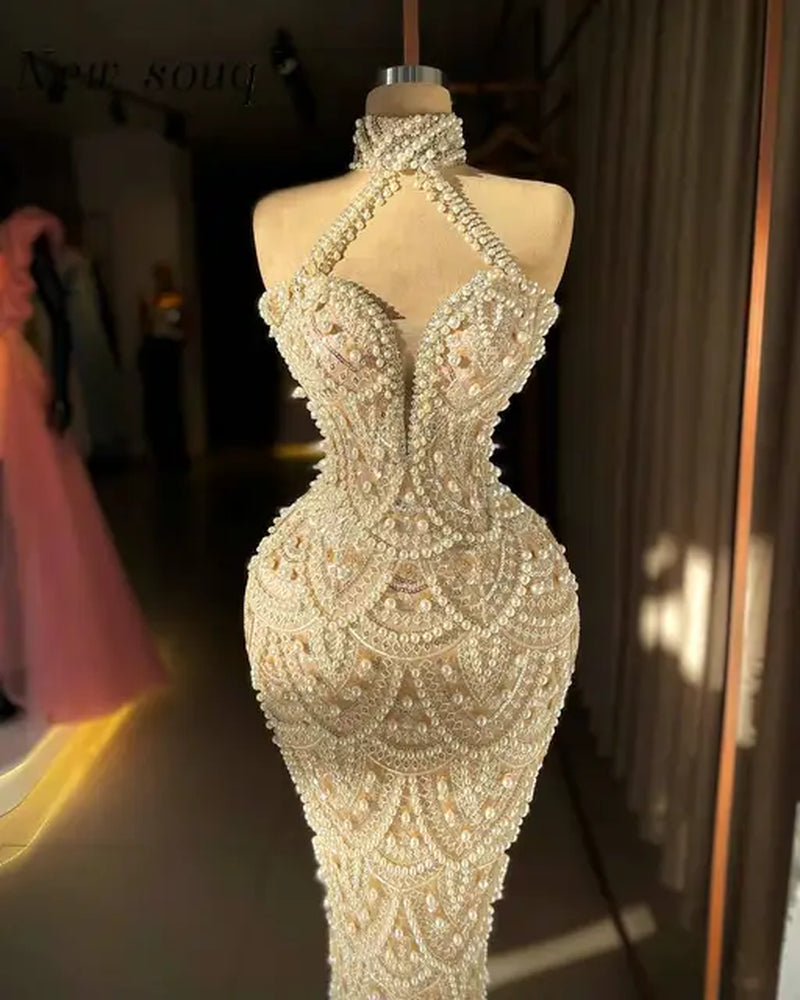 Beige Pearls Beaded Halter Neck Wedding Evening Dresses Sleeveless Long Mermaid Party Gowns 2024 Custom Made Prom Vestidos-Gennys fashion
