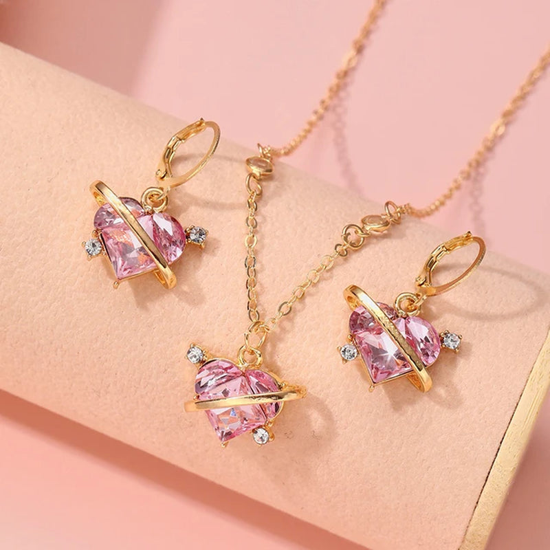 Crystal Angel Wings Heart Pendant Necklaces Set Ladies Girl Simple Y2K Pink White Zircon Love Elegant Necklace Women Jewelry Set-Gennys fashion