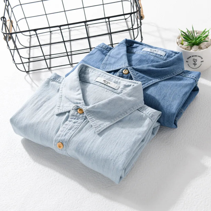 2024 Summer New Casual Denim Short Sleeve Shirts Men Clothing Pure Cotton Slim and Thin Soft Streetwear FY9358-Gennys fashion