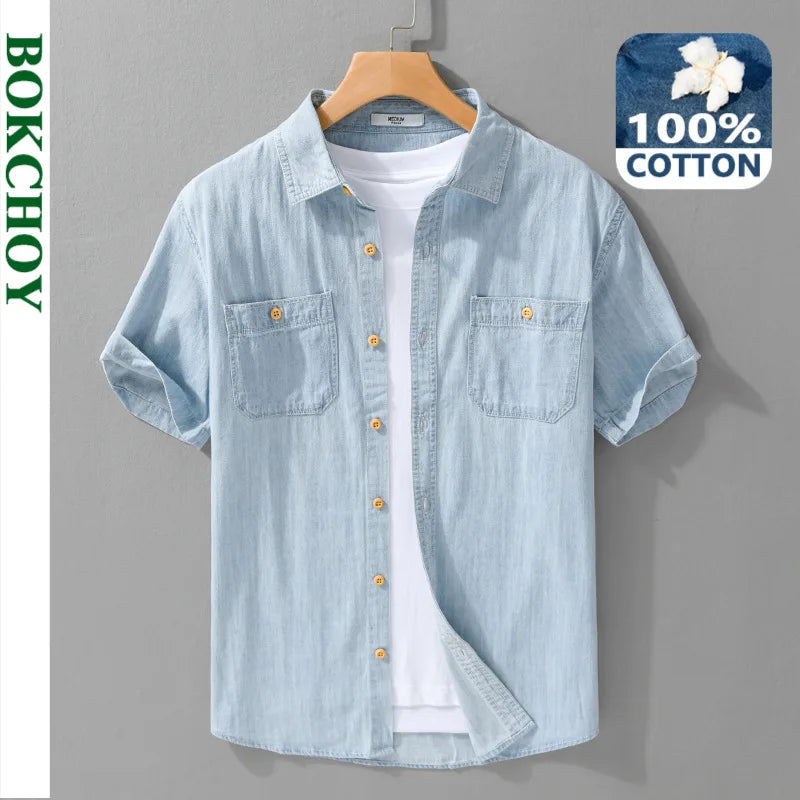 2024 Summer New Casual Denim Short Sleeve Shirts Men Clothing Pure Cotton Slim and Thin Soft Streetwear FY9358-Gennys fashion