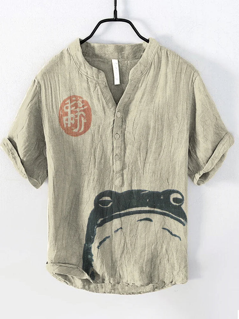 Summer Fashion Men'S Small V-Neck Japanese Art Frog Print Lapel Shirt Men'S Casual Art Short Sleeve Shirt-Gennys fashion
