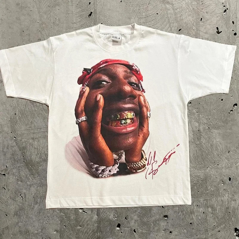 Fashion Brand Y2K Retro Summer Men Short Sleeved round Neck Portrait Print Harajuku Hip-Hop Personalized Couple Top-Gennys fashion