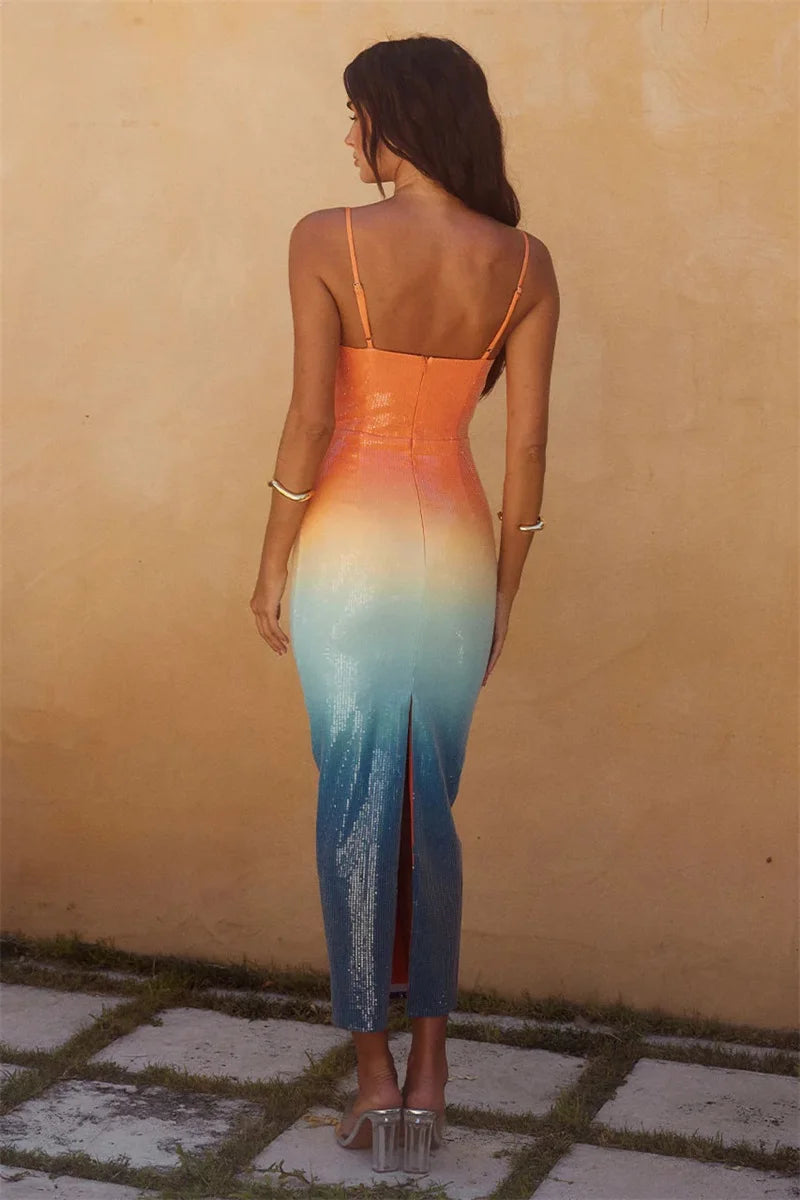 Gradient Color Sequins Prom Dress Sexy Strap Sleeveless Split Starfish Long Summer Party Evening Gown Shiny Formal Cocktail Robe-Gennys fashion