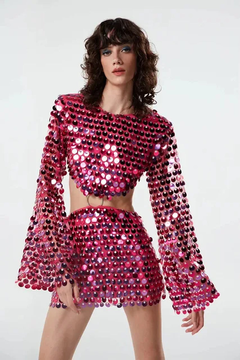 Sequins Hollow Out Mini Dress Woman Fashion Long Flare Sleeve Slim Glitter Dresses High Street Evening Party Club Mini Vestido-Gennys fashion