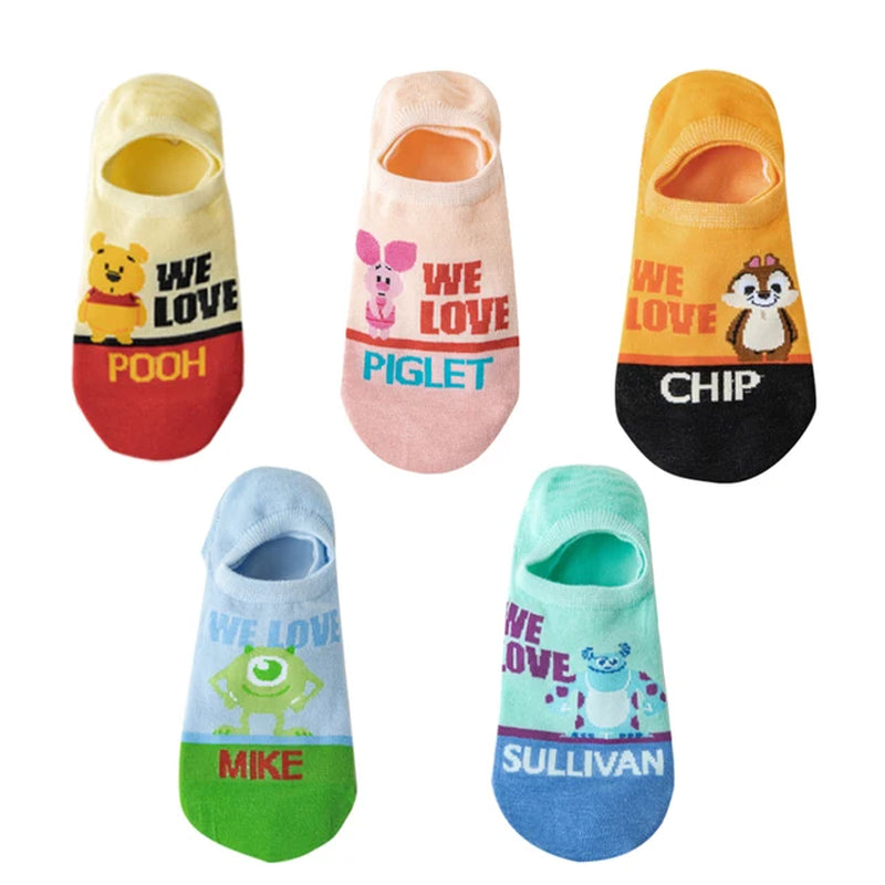 5 Pairs Disney Summer Casual Cute Women Socks Animal Cartoon Mouse Duck Socks Soft Cotton Invisible Funny Socks Size 34-40-Gennys fashion