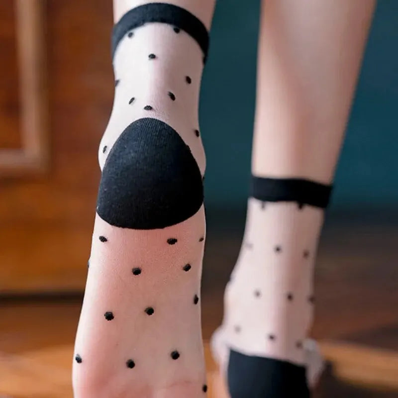 4Pairs Transparent Glass Silk Stockings Children Socks Retro Polka-Dot Love Vertical Bar Spring and Summer Thin Card Silk Japane-Gennys fashion