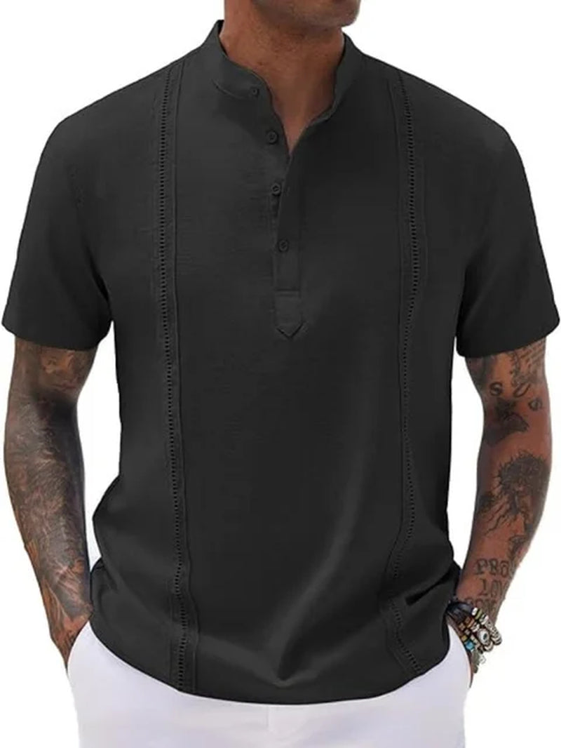 2024 Explosive European and American Men'S Short Sleeve Henry Collar Solid Color Cuban Guayabella Cotton Shirt Top-Gennys fashion