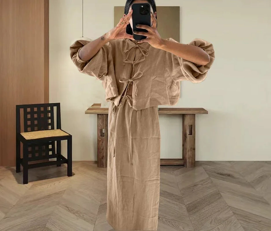 Summer Women Lace up Bow Maxi Skirt Set Casual Loose Solid Puff Sleeve Shirt High Waist Long Skirt 2 Piece Set Beach Holiday Set-Gennys fashion