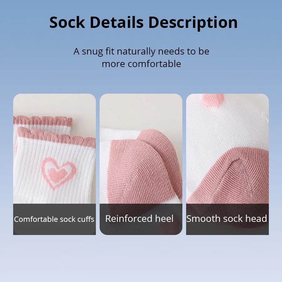 5 Pairs Women Middle Tube Socks Heart Cute Fashion Casual White Four Season Ruffles Pattern Pink Harajuku Kawaii Girls-Gennys fashion