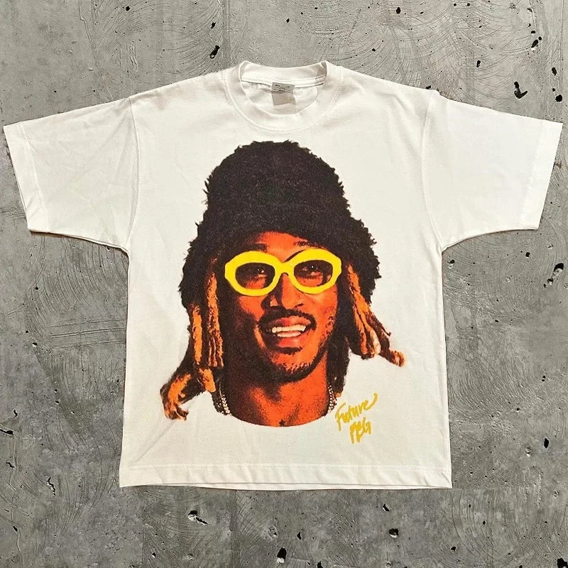 Fashion Brand Y2K Retro Summer Men Short Sleeved round Neck Portrait Print Harajuku Hip-Hop Personalized Couple Top-Gennys fashion