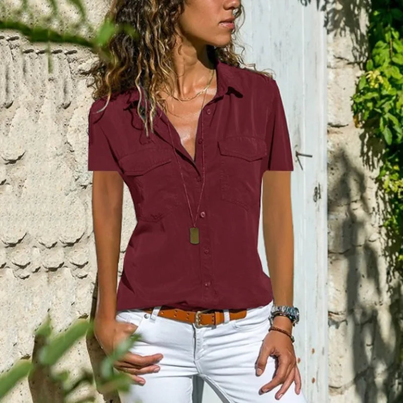 Summer New Women'S Shirt Solid Color Lapel Short Sleeve Casual Top Solid Color Lapel Button Pocket Temperament Commuter Shirt-Gennys fashion