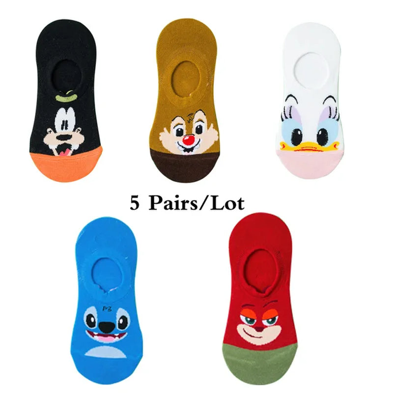 5 Pairs Cotton Woman Sock Mickey Minnie Winnie Daisy Cartoon Girl Slipper Sock Funny Cute Non-Slip Silicone Invisible Ankle Sock-Gennys fashion