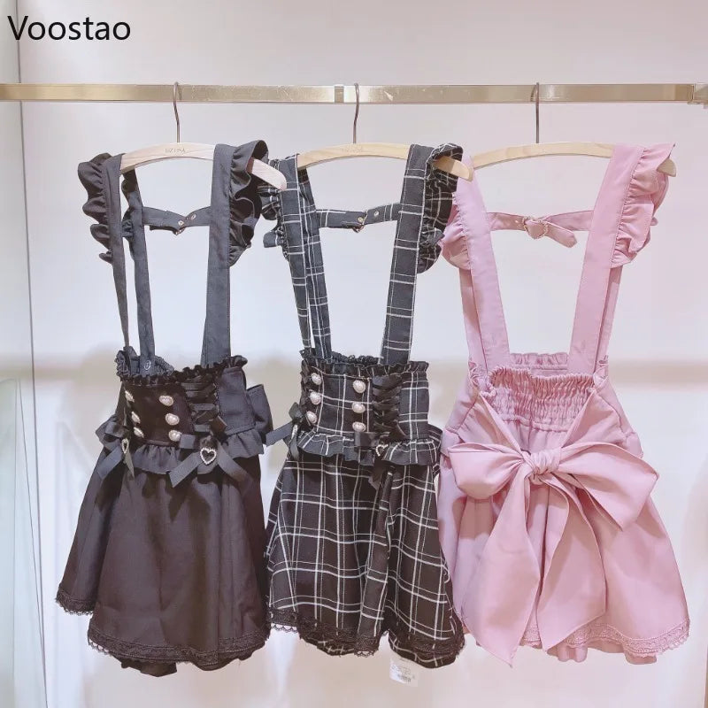 Japanese Gothic Lolita Ribbon Bow Diamond Pearl Buckle Removable Short Suspender Skirt Girls Sweet Cute Lace A-Line Mini Skirts-Gennys fashion