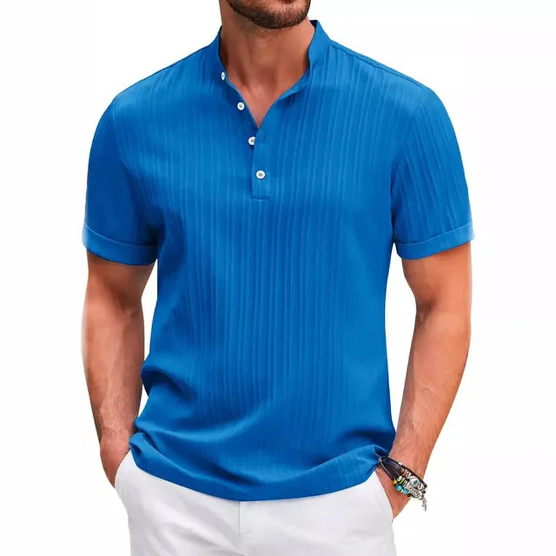 New High-End Embroidered Cotton and Linen Striped Henry Shirt for Men'S Summer Casual Fashion Comfortable Breathable T-Shirt Top-Gennys fashion