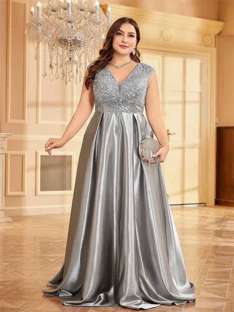 Lucyinlove plus Size Luxury Gold Satin V-Neck Evening Dress Women Satin Wedding Party Prom Floor Lenght Cocktail Dress Gowns-Gennys fashion