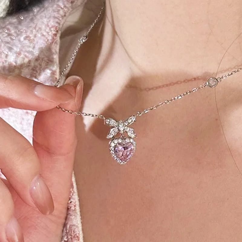 Crystal Angel Wings Heart Pendant Necklaces Set Ladies Girl Simple Y2K Pink White Zircon Love Elegant Necklace Women Jewelry Set-Gennys fashion