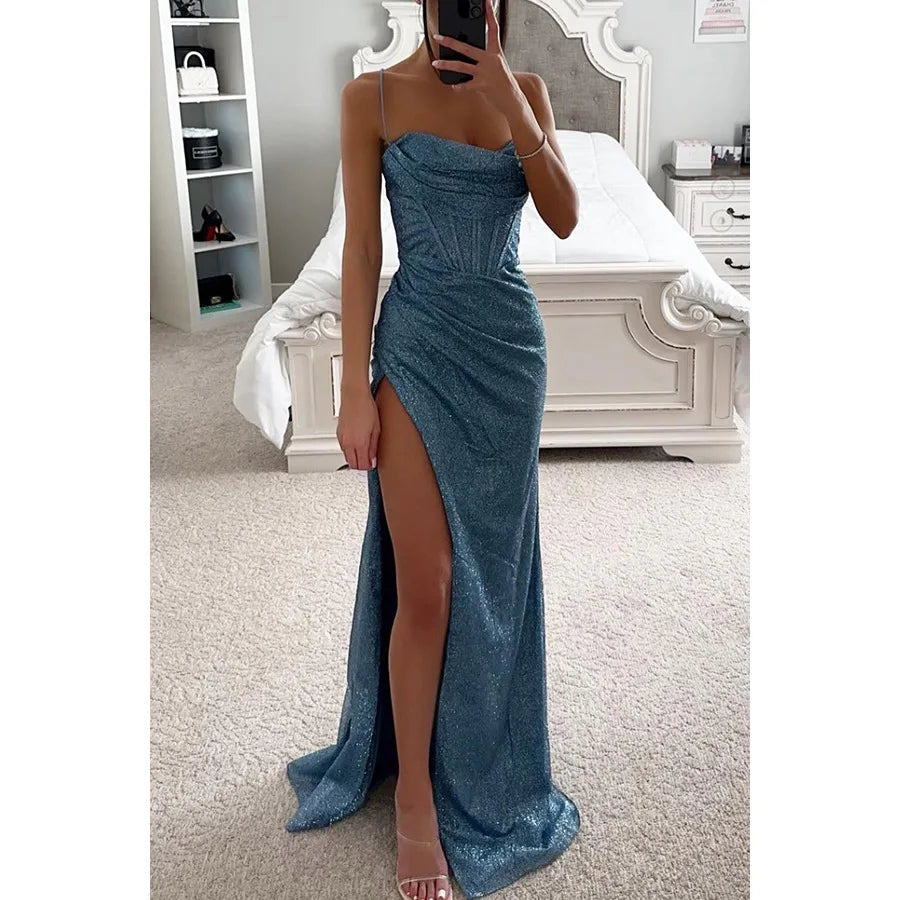 Women Evening Party Dress Floor Length Shiny Spaghetti Maxi Dress off Shoulder Sleeveless High Slit Draped Bodycon Prom Dress-Gennys fashion