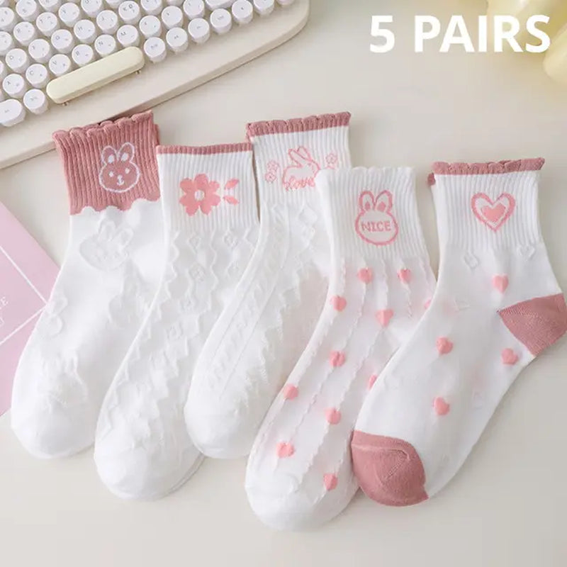 5 Pairs Women Middle Tube Socks Heart Cute Fashion Casual White Four Season Ruffles Pattern Pink Harajuku Kawaii Girls-Gennys fashion