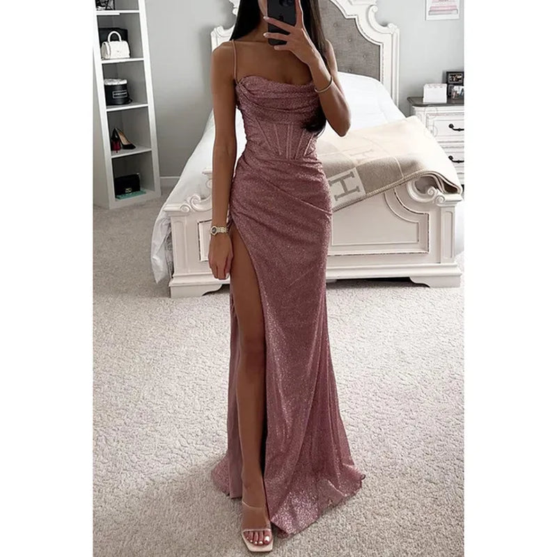 Women Evening Party Dress Floor Length Shiny Spaghetti Maxi Dress off Shoulder Sleeveless High Slit Draped Bodycon Prom Dress-Gennys fashion