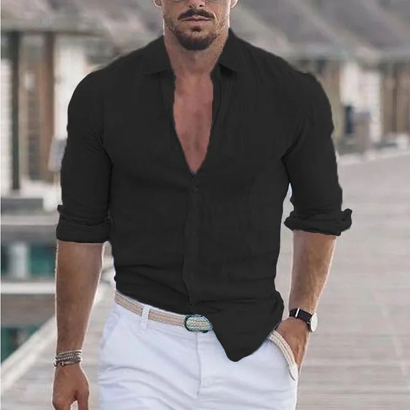 Men'S Summer Cotton and Linen Loose Lapel Beach Shirt Casual Lazy Long Sleeve Solid Color Hawaiian Campfire Holiday Wear-Gennys fashion