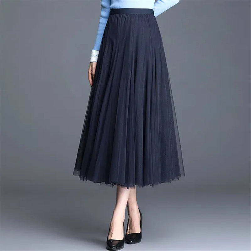 New Women Mesh Elastic Tutu Skirt Beach Spring Summer Korean High Waist Fashion Pleated Long Skirt Black White Tulle Skirts-Gennys fashion