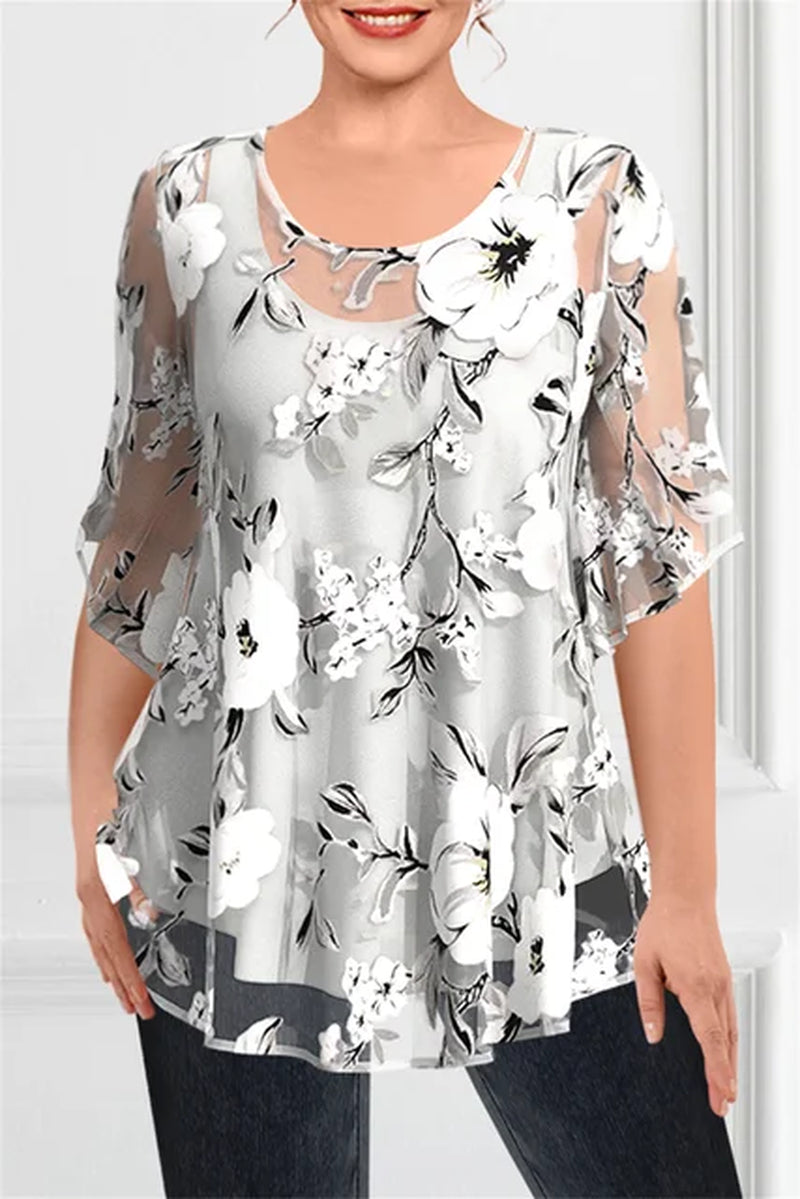 Plus Size Women'S Casual Shirts Floral Printed Chiffon Ruffle Short Sleeves Layered Asymmetric Hem Round-Neck Daily Commuter Top-Gennys fashion