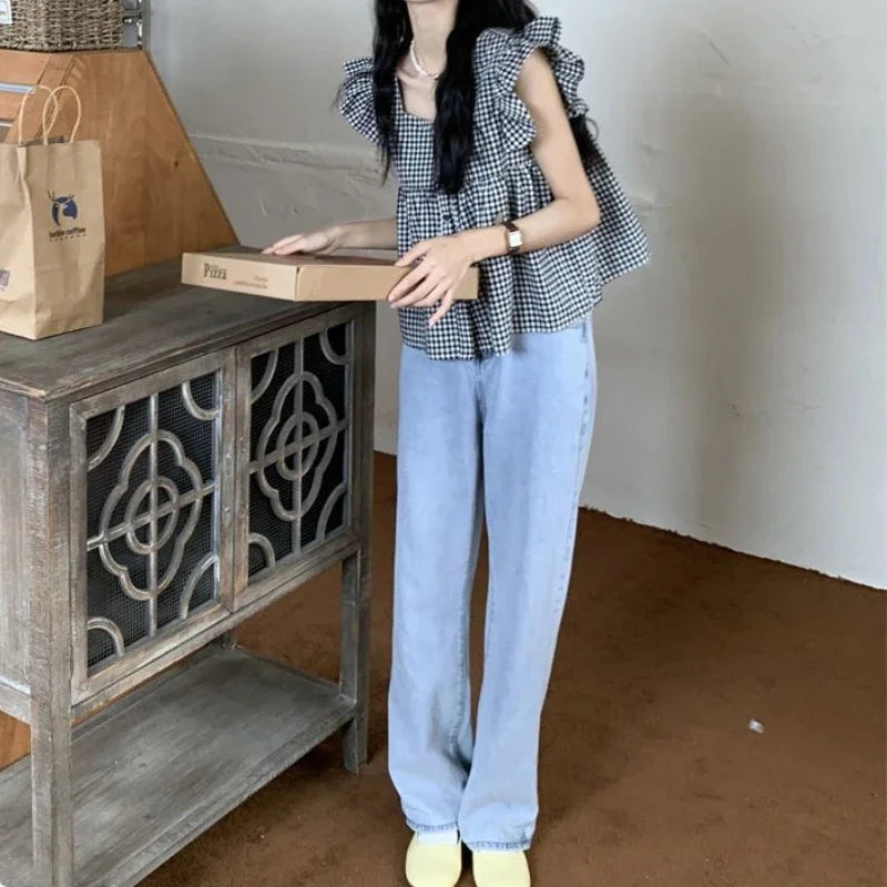 Plaid Shirts Women Cute Ruffles Flying Sleeve Korean Fashion Girlish Summer Tops Vintage Aesthetic Sexy Backless College Holiday-Gennys fashion