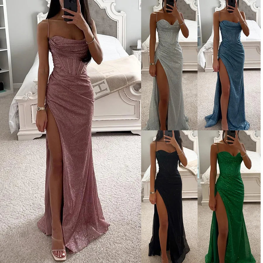 Women Evening Party Dress Floor Length Shiny Spaghetti Maxi Dress off Shoulder Sleeveless High Slit Draped Bodycon Prom Dress-Gennys fashion