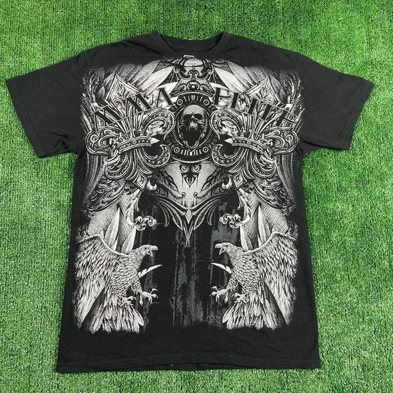 Retro Skull Large Pattern Short-Sleeved T-Shirt High Street Dark Punk Y2K 90S Harajuku round Neck Oversize Loose Tops Clothes-Gennys fashion