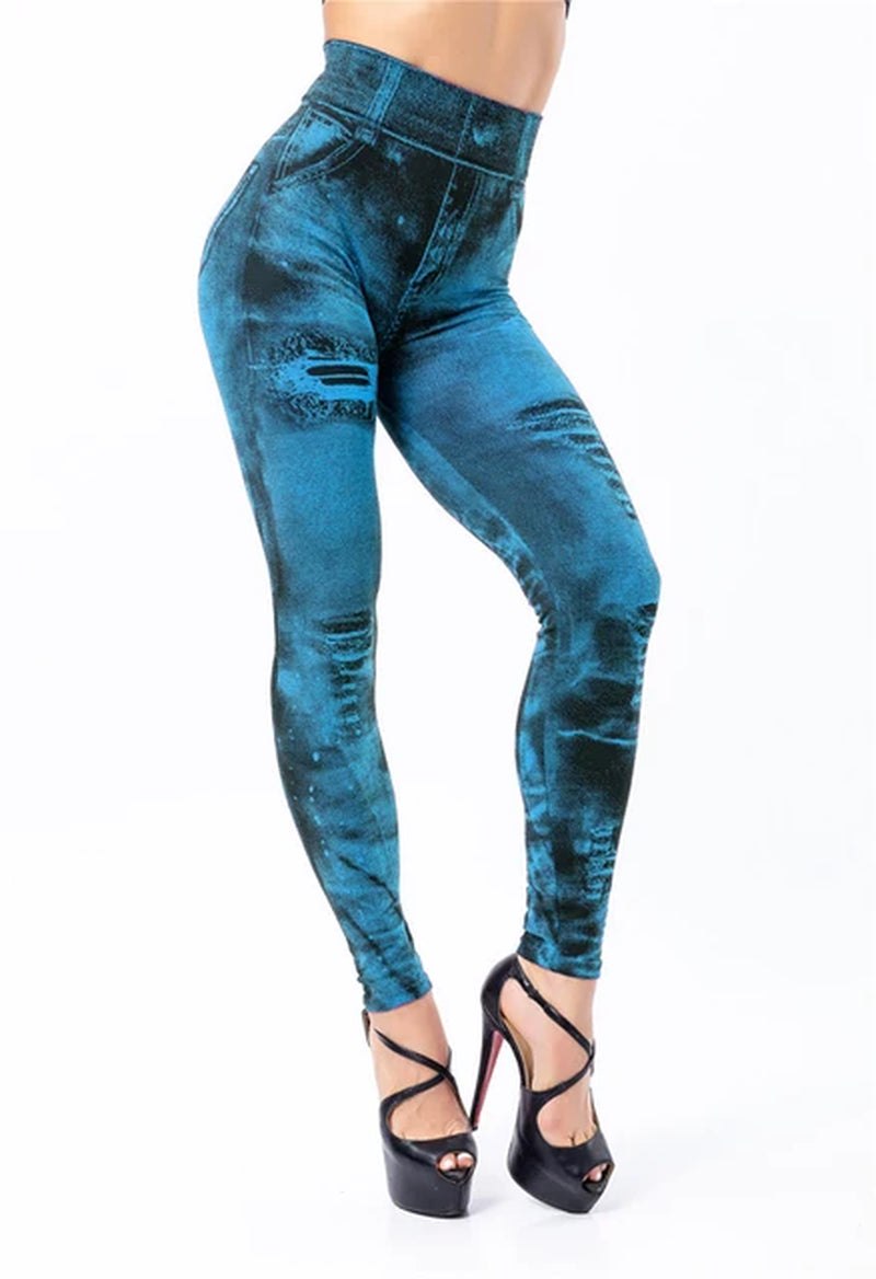 2024 Sexy Astic Imitation Jeans Leggings Women Stretch High Waist Pants Fitness Slim Push up Leggings for Women Summer Breeches-Gennys fashion