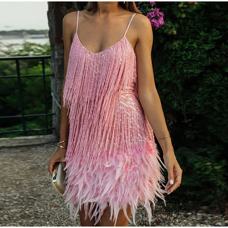 2023 New Sexy Tassel Sequins Feather Mini Dress Women Spaghetti Strap Stitching Dresses Female Elegant Evening Party Club Dress-Gennys fashion