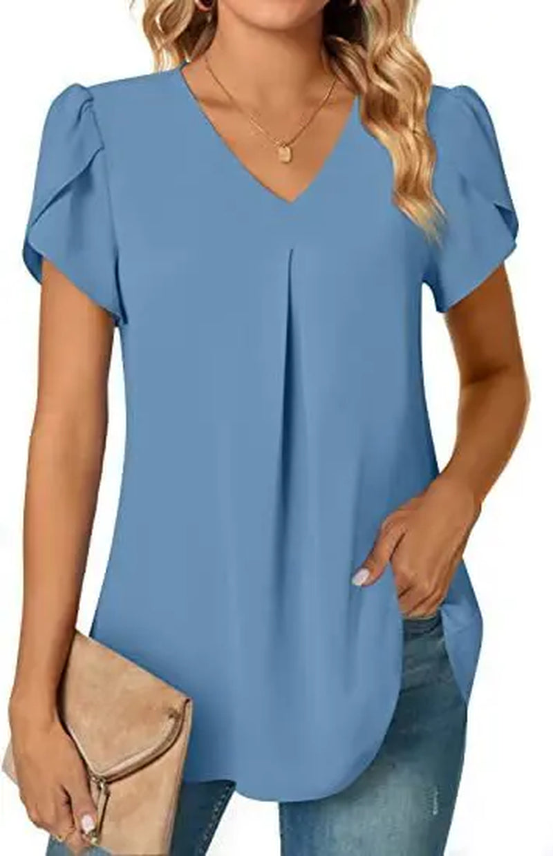 Sexy V Neck Ruffle Short Sleeve Blouse Shirts Summer Women V Neck Solid Color Loose OL Workout Blouse Tops SZE-ST23015-Gennys fashion