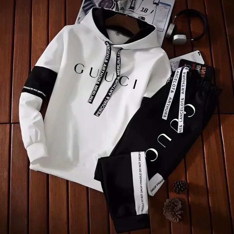 Mens Tracksuit High Quality Fashion Hooded Sweatshirt Sweatpants Casual Trend Print Pullover Classic Black White Jogging Clothes-Gennys fashion
