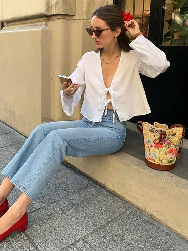 Elegant Loose Lace up White Shirt Women Fasion V Neck Long Sleeve Casual Tops 2024 Spring Chic New Female Commuting Blouse-Gennys fashion